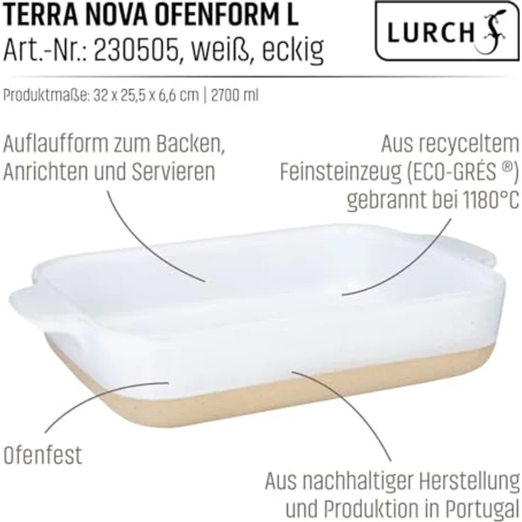 Lurch Terra Nova Ofenform L, Keramik 32x14,5x6,6 cm, weiß/creme, temperaturbeständig bis 250°C, leicht zu reinigen, 2700ml Volumen – Bild 3