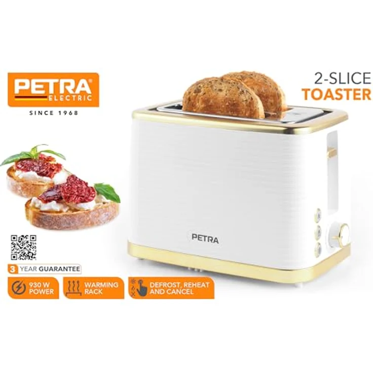 Petra PT5032WVDE 2 Scheiben Toaster – Inklusive Brötchenaufsatz, 7 Bräunungsstufen, 930W, Weiß/Gold – Bild 2