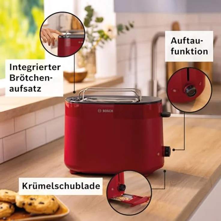 Bosch Kompakt Toaster MyMoment TAT2M124, integrierter Brötchenaufsatz, mit Auftaufunktion, mit Abschaltautomatik, Liftfunktion, Brotzentrierung, perfekt für 2 Scheiben, 800 Watt, Rot matt – Bild 3