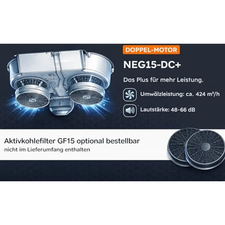 NEG Unterbau Dunstabzugshaube NEG15-DC+ NextGen, Edelstahl, Doppelmotor 60 cm, 424 m³/h, flexibler Abluftanschluss, für Abluft- und Umluftbetrieb – Bild 5