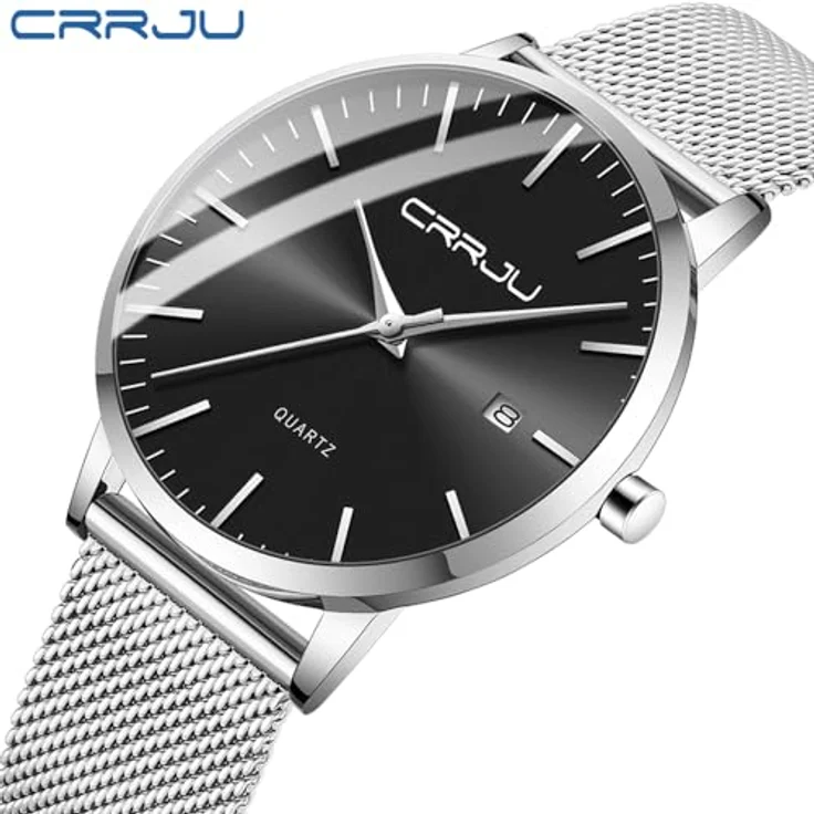 CRRJU Herren Uhr Ultra Dünne Wasserdicht Analog Quarz Armbanduhr mit Schwarz Edelstahlband, Silber/Schwarz – Bild 2