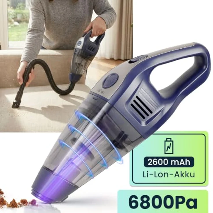 ideoon Akku-Handsauger Mini, kabellos mit 6800 Pa Saugkraft, 2600 mAh Li-Ion Akku, leise und kompakt für Auto, Büro, Zuhause – Bild 2