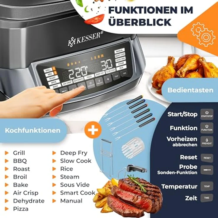KESSER® Multikocher 8L mit Heißluftfritteuse, 16 Programme, Smart Cook System, integrierte Sonde, Vorheiz- & Warmhaltefunktion – Bild 4