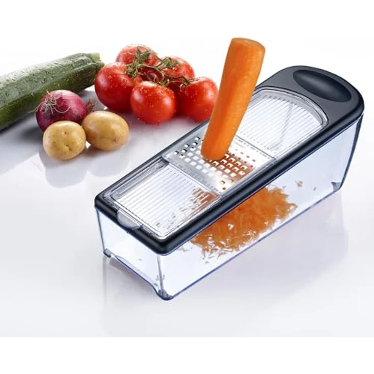 Westmark Turmreibe mit 3 Reibeflächen und Auffangbehälter, Höhe: 23,5 cm, Rostfreier Edelstahl-Kunststoff, Technicus-Trio, Silber-Schwarz-Transparent, 14332270 – Bild 2