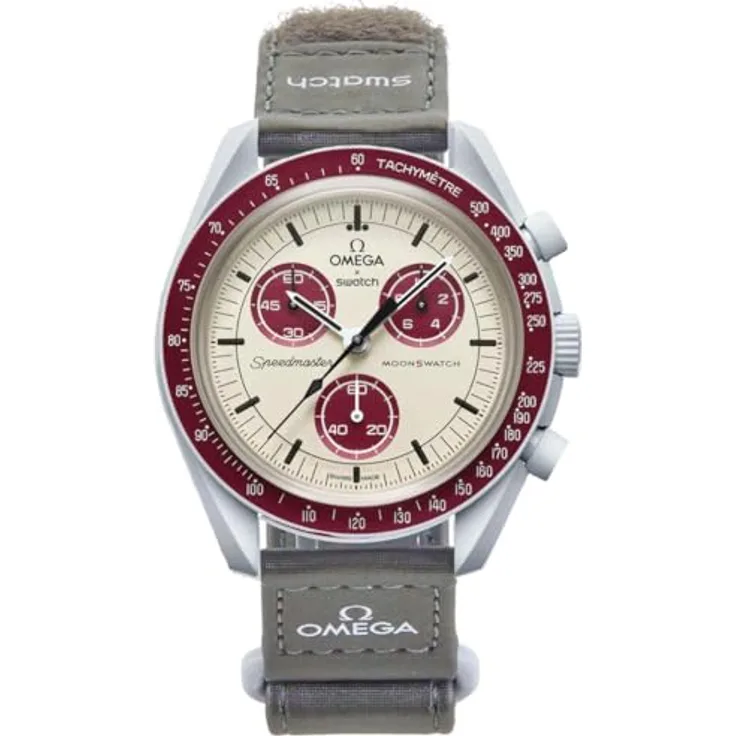 Swatch Chronograph Swatch x Omega Bioceramic Moonswatch Mission to Pluto, Grau mit Bordeaux-Tönen, Super-LumiNova® Ausstattung - Preisvergleich