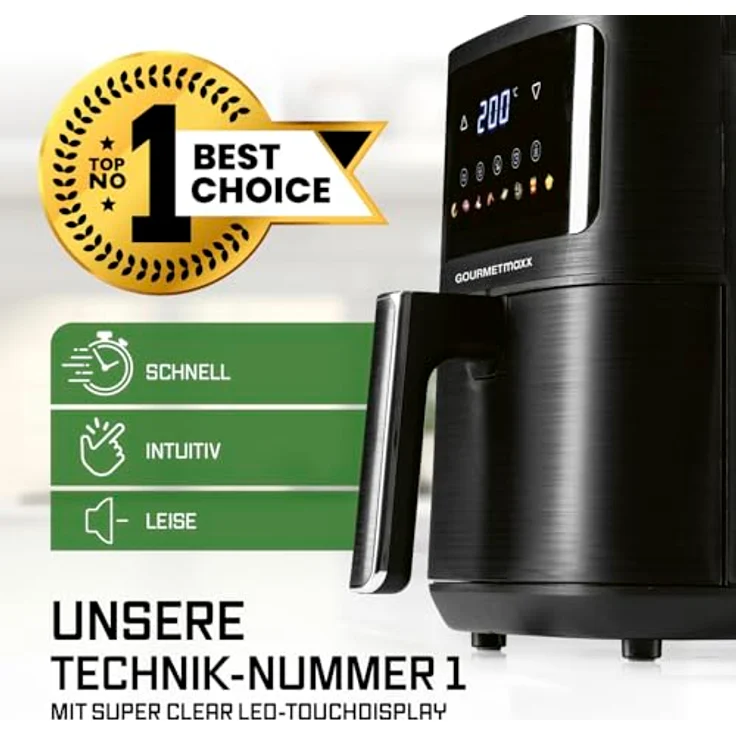 GOURMETmaxx AirGenius Heißluftfritteuse, 4,5 L, Mattschwarz, 6 Funktionen, 8 Programme, Fettarme Zubereitung für bis zu 3 Personen, Multi-Color LED-Touchdisplay – Bild 2