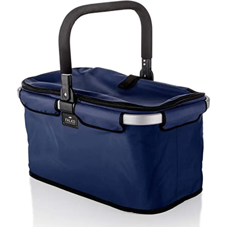 Genius Einkaufskorb Falko Premium, faltbarer Tragekorb mit 22 L Volumen, stabiler Aluminiumrahmen, Reißverschluss und gepolstertem Griff für Picknick und Camping