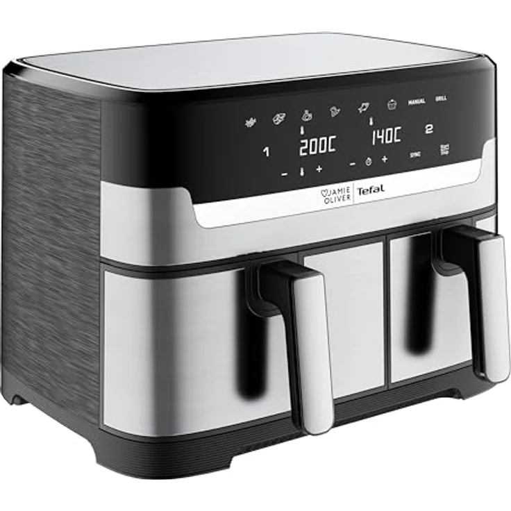 Jamie Oliver by Tefal Dual Drawer Heißluftfritteuse EY90JDE1, Doppelkammer mit 2 unabhängigen Garzonen, 8 automatische Programme, 8,3 L Gesamtfüllmenge, Schwarz/Edelstahl – Bild 1