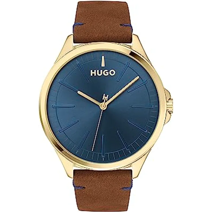HUGO #Smash, Analog Quarzuhr für Herren mit blauem Sonnenstrahlen-Zifferblatt und braunem Lederarmband, 43 mm, wasserabweisend bis 5 bar