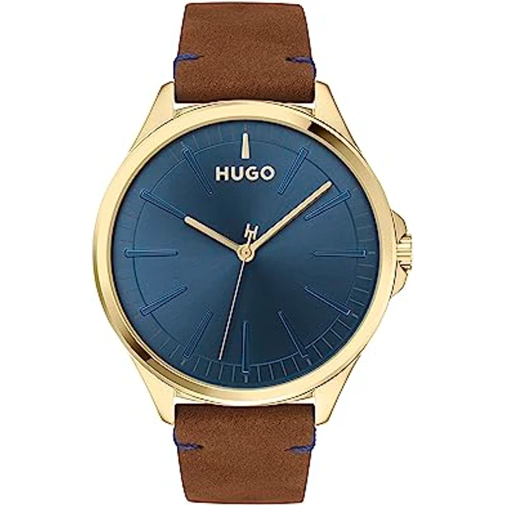 HUGO #Smash, Analog Quarzuhr für Herren mit blauem Sonnenstrahlen-Zifferblatt und braunem Lederarmband, 43 mm, wasserabweisend bis 5 bar – Bild 1