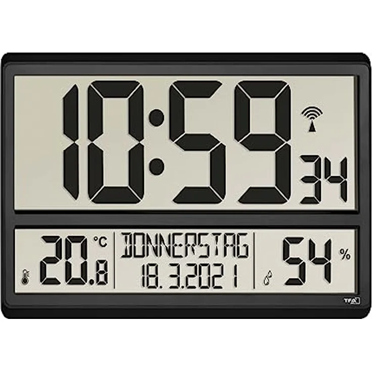TFA Dostmann XL Wanduhr digital, 60.4520.01, mit Temperatur und Luftfeuchtigkeit, Wochentag (8 Sprachen), Funkuhr, gut ablesbar, groß, schwarz – Bild 2