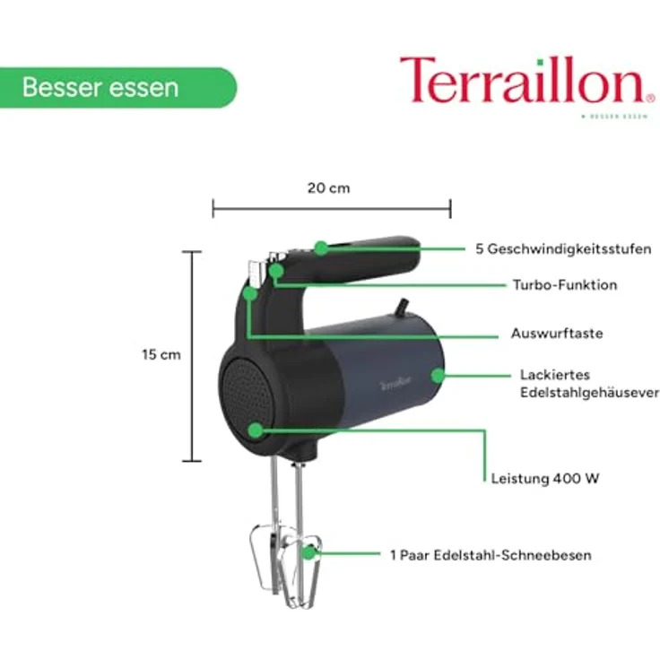 TERRAILLON New Moon Elektrischer Handmixer, Edelstahl-Schneebesen, 5 Geschwindigkeitsstufen, Turbo-Funktion, 400 W, Auswurfknopf, lackiertes Edelstahl-Gehäuse, blau – Bild 4