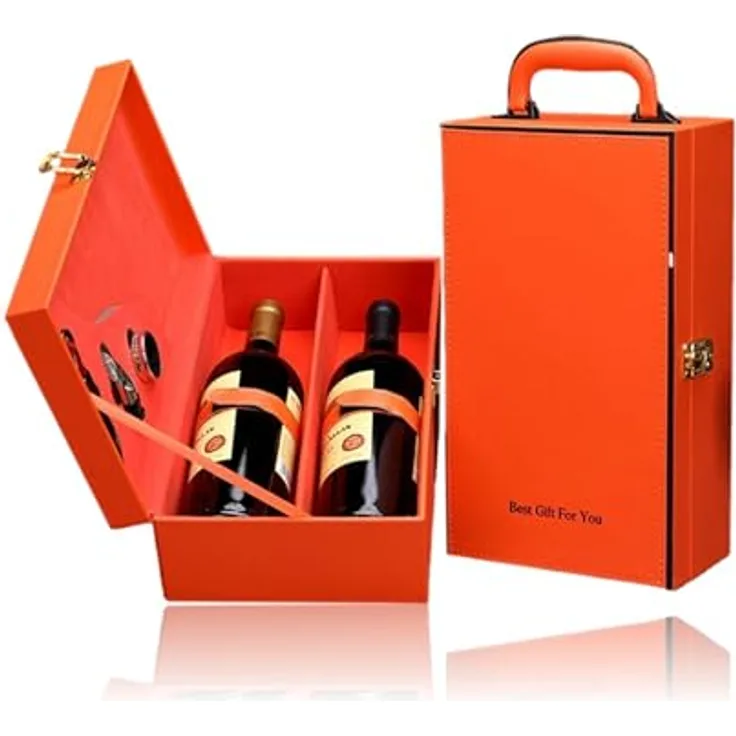 Bayli 3-teiliges Sommelier-Set in edler Geschenkbox für 2 Weinflaschen | Weinbox aus Kunstleder für 2 x 0,7L Weinflasche | tragbare Weinkiste [orange] für Wein | eleganter Weinkoffer mit Tragegriff