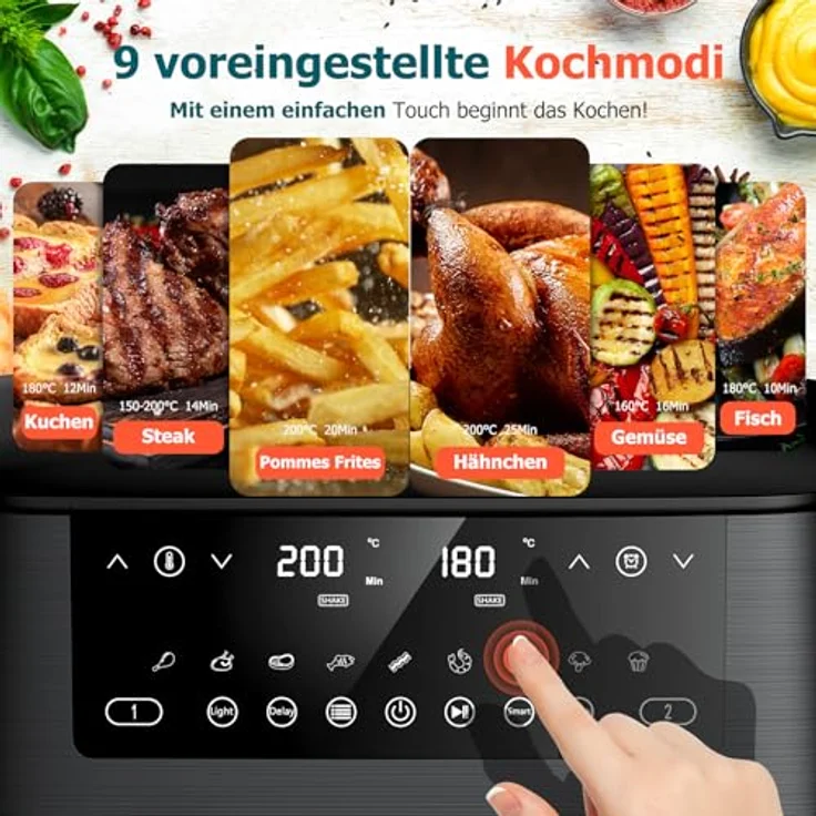 cookwise Heißluftfritteuse 2 Kammern, 9L Airfryer mit Touchscreen, spülmaschinenfesten Antihaftkörben, fettarm und 9-in-1 Funktion, mit Sichtfenster – Bild 3