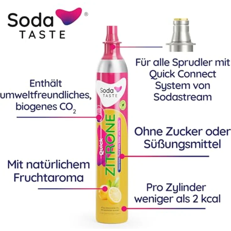 SodaTASTE Quick Zitrone CO2-Zylinder Refill für Wassersprudler, natürliches Zitronenaroma, zuckerfrei, für max. 60l Sprudelwasser, kompatibel mit Quick Connect System – Bild 2