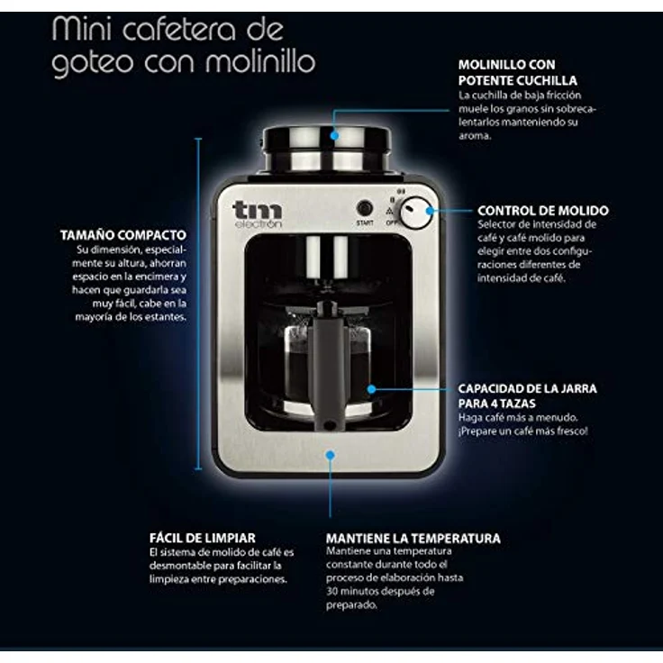 TM Electron Mini-Kaffeemaschine mit Kaffeemühle, 4 Tassen, für Kaffeebohnen, 600 W, waschbarer Filter silber – Bild 2