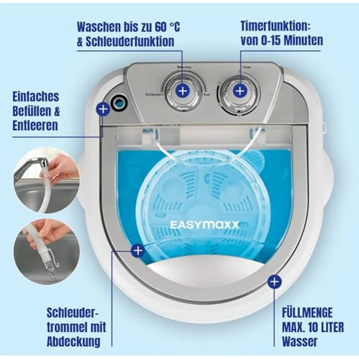 easymaxx Toplader-Mini-Waschmaschine, Fassungsvermögen 3 kg, Standgerät, Breite 34 cm – Bild 5