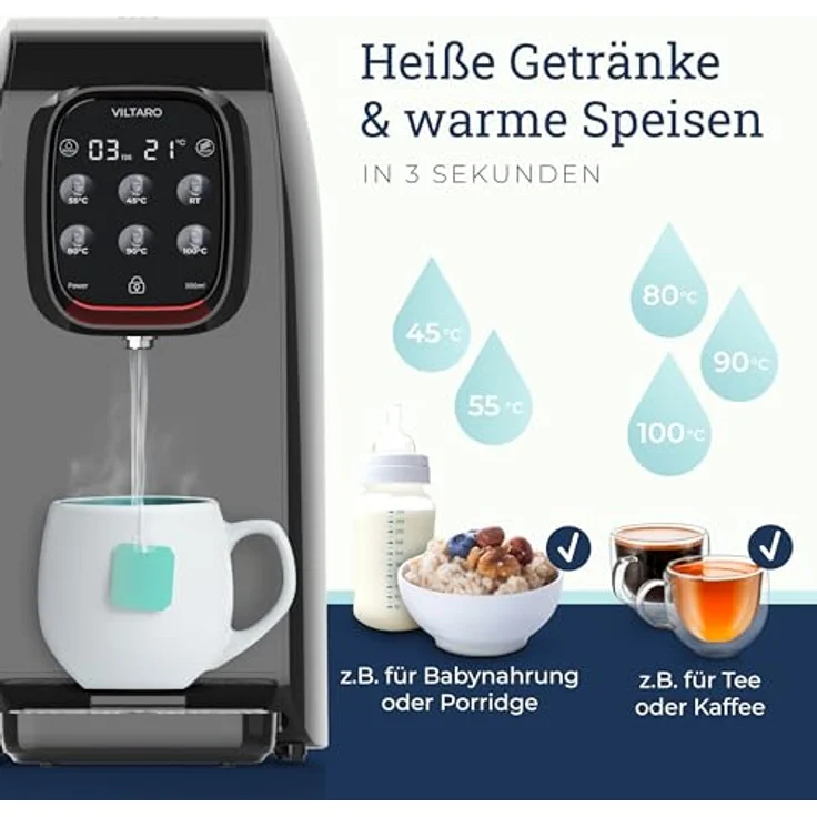 VILTARO® Osmoseanlage Trinkwasser [schwarz, 5-stufiges Filtersystem, 6 Temperaturstufen, mobil ohne Wasseranschluss] | Umkehrosmoseanlage | Osmose Wasserfilter | Kalkfilter | Trinkwasserfilter – Bild 4