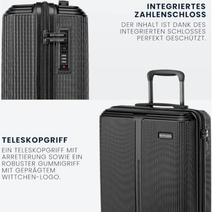 WITTCHEN Stripes Line Kofferset, Hartschalenkoffer mit Kosmetiktasche, ABS, 4 Doppelrollen, Teleskopgriff, Zahlenschloss, Schwarz, Set S+M+L+XL – Bild 4