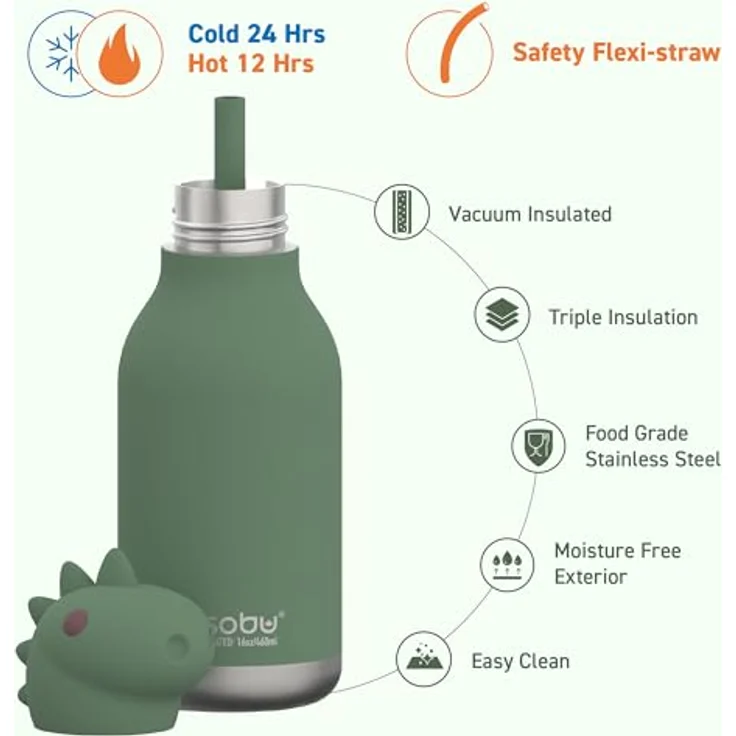 Asobu Bestie Dinosaurier-Wasserflasche, isolierte Edelstahl-Trinkflasche mit Silikon-Strohhalm, 460 ml, auslaufsicher, BPA-frei – Bild 4