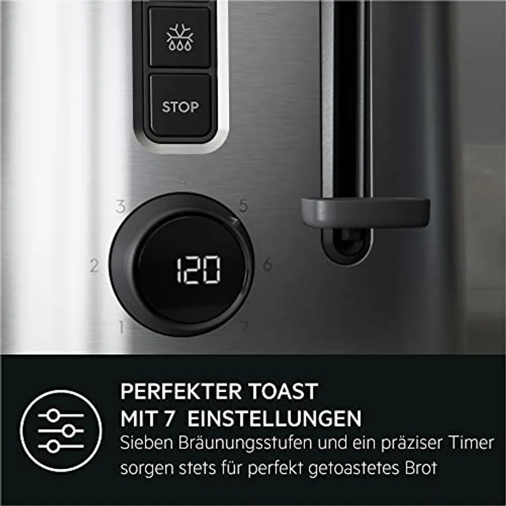 AEG T5-1-4ST Toaster Deli 5 / 7 Toasteinstellungen / Countdown-Timer / Stopp-, Auftau-, Aufwärmknopf / Automatische Zentrierung / Cool-Touch-Gehäuse / Breite Schlitze / Krümelschublade / Edelstahl – Bild 4