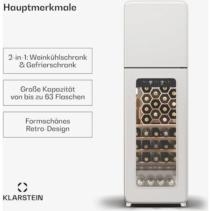 Klarstein Shirley Weinkühlschrank mit Gefrierfach, freistehend, 63 Flaschen, zwei Zonen, –10 bis 18 °C, ledbeleuchtet, Retro-Design, schwarz – Bild 2