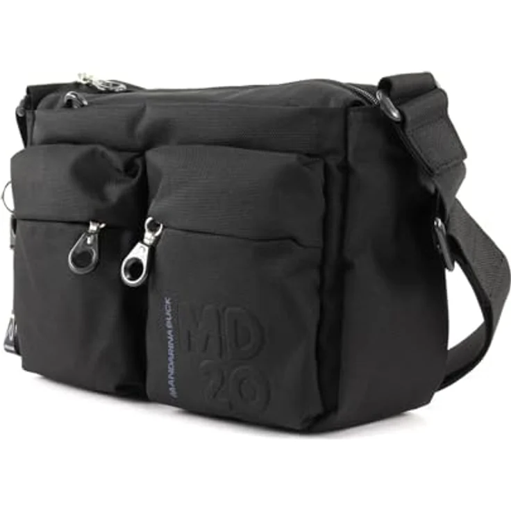 Mandarina Duck MD20 Umhängetasche, modische Damen Tasche aus robustem Nylon und Polyester mit 5 Außentaschen, schwarz, 28 cm – Bild 2
