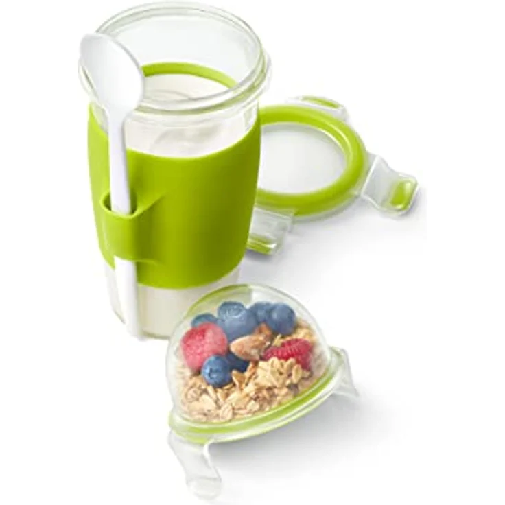 Emsa N1071400 Clip&Go Yoghurt Mug (Fassungsvermögen: 450 ml, Rund, inkl. Löffel und Topping-Fach) transparent-hellgrün – Bild 3