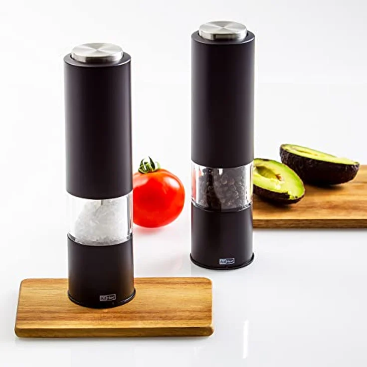 AdHoc 2er Geschenk Set elektrische Salzmühle und Pfeffermühle TROPICA in Schwarz mit Keramikmahlwerk einstellbar fein bis grob inkl. Salz & Pfeffer – Bild 4