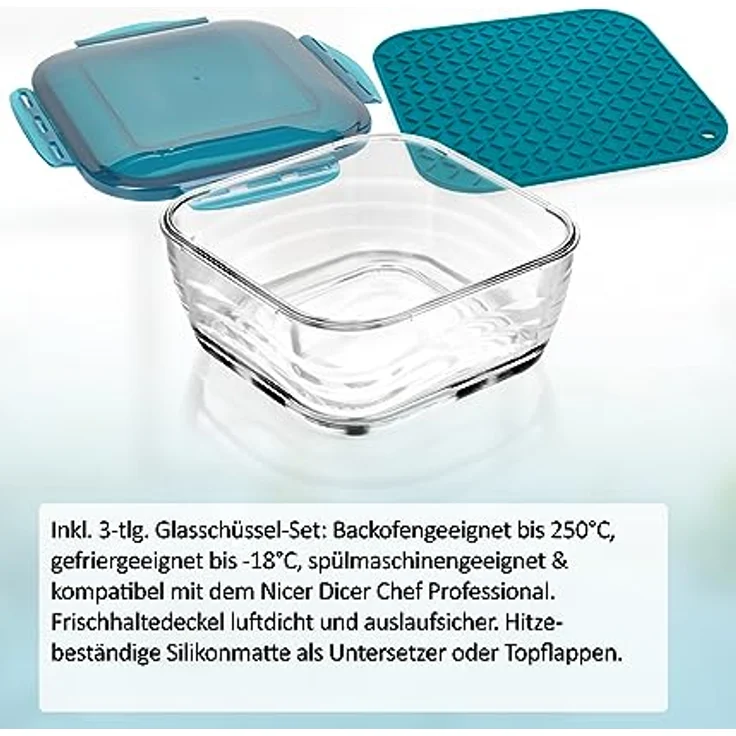 Genius Nicer Dicer Chef Professional, Gemüseschneider 18-tlg mit 5.2L Auffangbehälter, extra Glasschüssel und Edelstahl-Klingen, inkl. Rezept – Bild 5