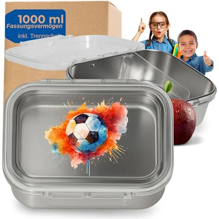 elasto Edelstahl Brotdose Kinder 'Storage', 1000 ml mit Trennwand und Fußballmotiv für Schule und Kindergarten – Bild 1