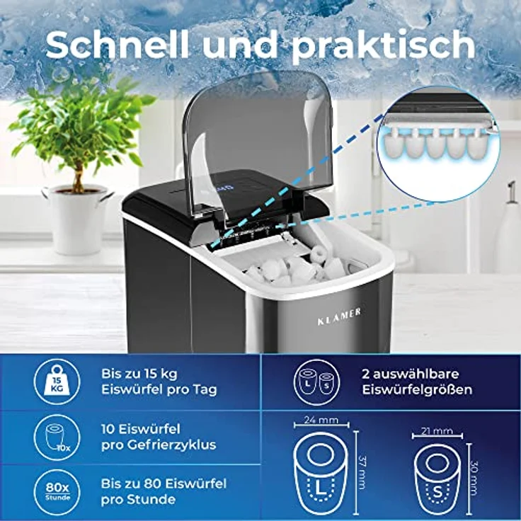 KLAMER Eiswürfelmaschine (2023), 10 Eiswürfel in 7-9 Minuten, 15 kg Eiswürfel pro Tag, 2 Eiswürfelgrößen, 2,1 L Wassertank, 120 W Ice Maker mit Timer, Leiser Eiswürfelbereiter mit Eisschaufel – Bild 4