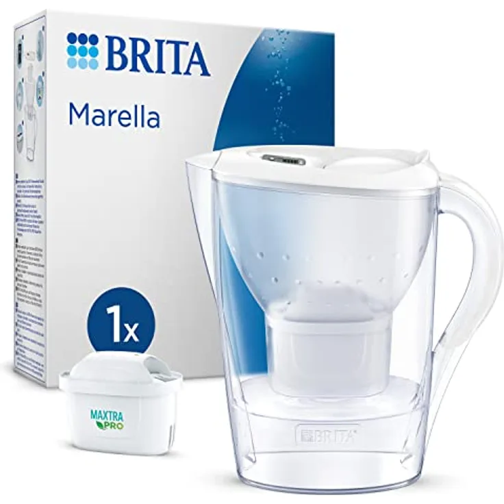 BRITA Wasserfilter-Kanne Marella weiß (2,4l) inkl. 1x MAXTRA PRO All-in-1 Kartusche – Filter zur Reduzierung von Kalk, Chlor, Blei, Kupfer & geschmacksstörenden Stoffen im Wasser