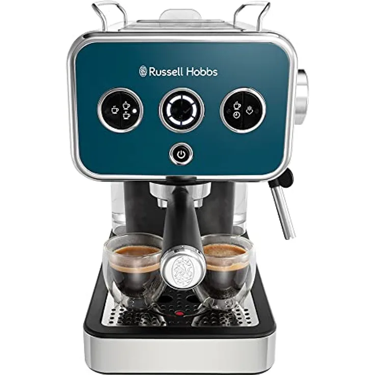 Russell Hobbs Espressomaschine [Siebträgermaschine] Distinction Edelstahl Ocean Blue (15 Bar, Einsatz 1&2 Tassen, ESE Pads, autom.Dosieren & man.Option, Dampfdüse f Heißwasser & Milchschaum) 26451-56