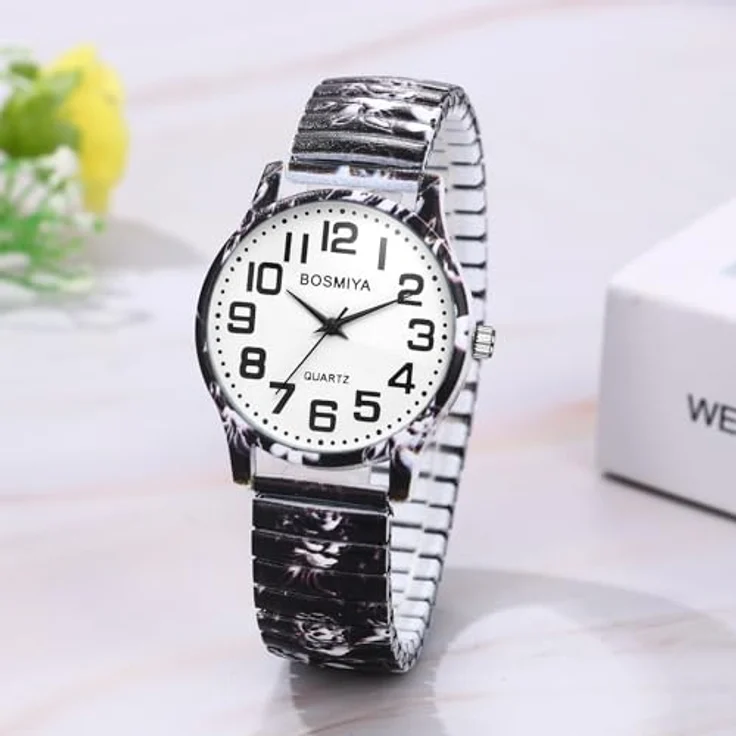 JewelryWe Damenuhr Boho Elastische Uhr, Analog Quarz mit Blumen Druck, Edelstahl Stretch Armband und große Zahlen, Bohemian Stil – Bild 4