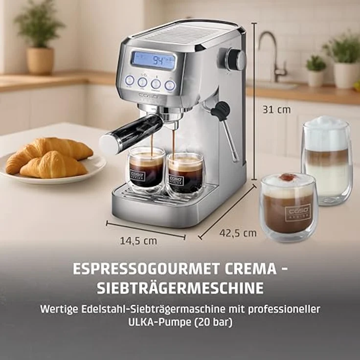 CASO EspressoGourmet Crema, Edelstahl Siebträgermaschine mit 20 bar ULKA-Pumpe, Milchaufschäumer, LCD-Display und abnehmbaren Wassertank – Bild 2