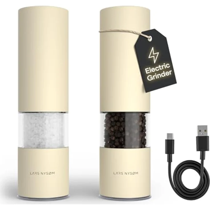 LARS NYSØM Salz- und Pfeffermühle Elektrisch 2er Set, Edelstahl mit einstellbarem Keramik-Mahlwerk, USB-C wiederaufladbar, Almond Beige – Bild 1