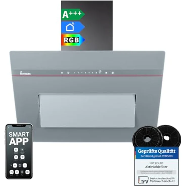 KKT KOLBE PLOOM6005G Dunstabzugshaube 60 cm, A+++ Energieeffizienz, 782 cbm/h Umluft/Abluft, Glas Matt Grau, Smart WiFi App, SensorTouch, RGBW LED-Beleuchtung, Nachlaufautomatik – Bild 1