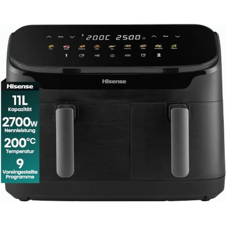 Hisense HAF2700DHA, Air Fryer Fritteuse mit 2700 W und 11 l, Schwarz