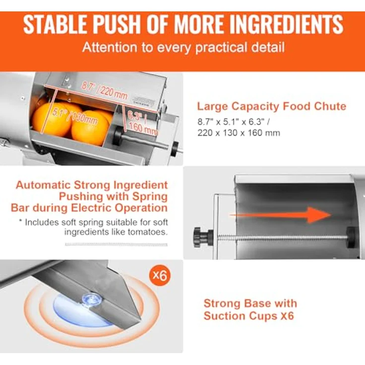 VEVOR Elektrischer Gemüsehobel, 0–12 mm Einstellung, Edelstahl Schneidemaschine mit großer Einfüllöffnung für Kartoffeln und Tomaten – Bild 5