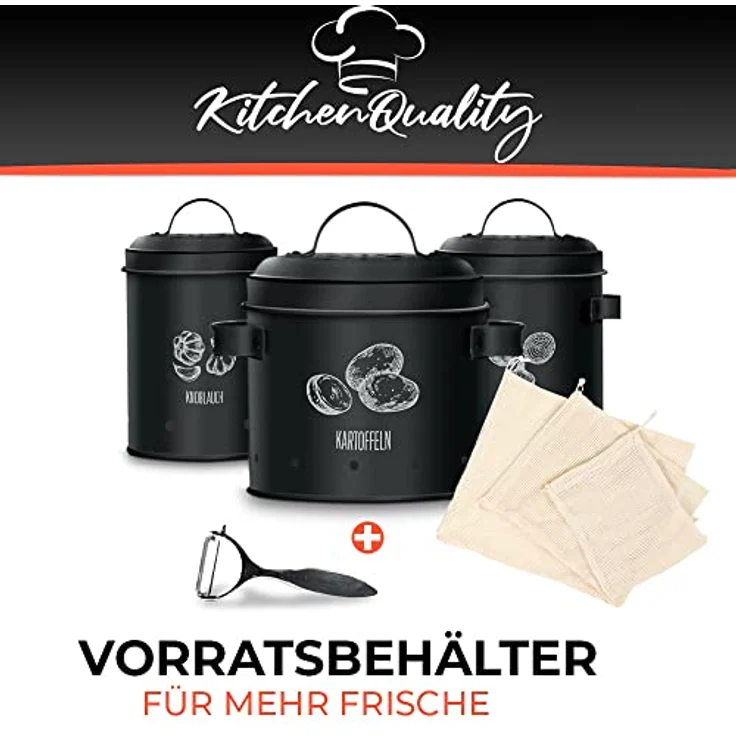 KitchenQuality Kartoffelaufbewahrungsbox 3er-Set mit luftdichten Behältern für Knoblauch, Zwiebeln & Kartoffeln, verzinktes Metall, inkl. Sparschäler & Jutebeutel – Bild 2