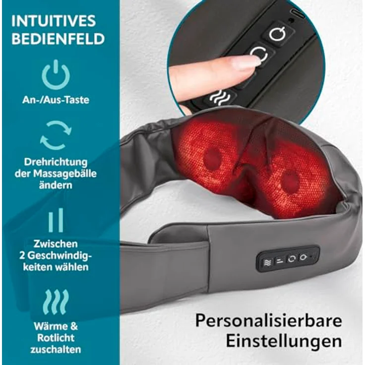 VITALmaxx Shiatsu Nackenmassagegerät, Massagegerät mit Wärmefunktion, Knet- und Druckmassage für Nacken, Schultern, Rücken, Beine, kabellos und USB-C ladbar – Bild 5