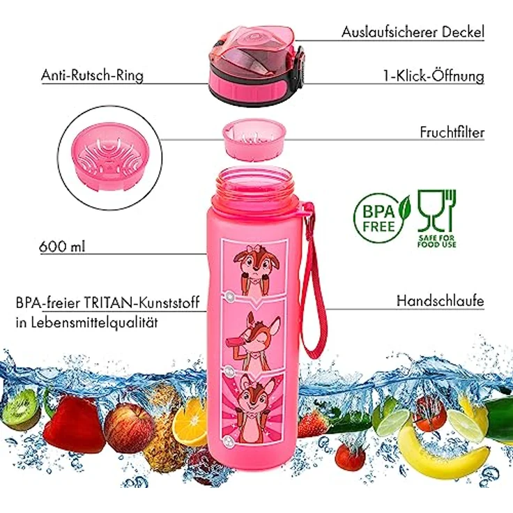 Lyseren Kindertrinkflasche 600 ml Trinkskala auslaufsicher Fruchtfilter Pink – Bild 3