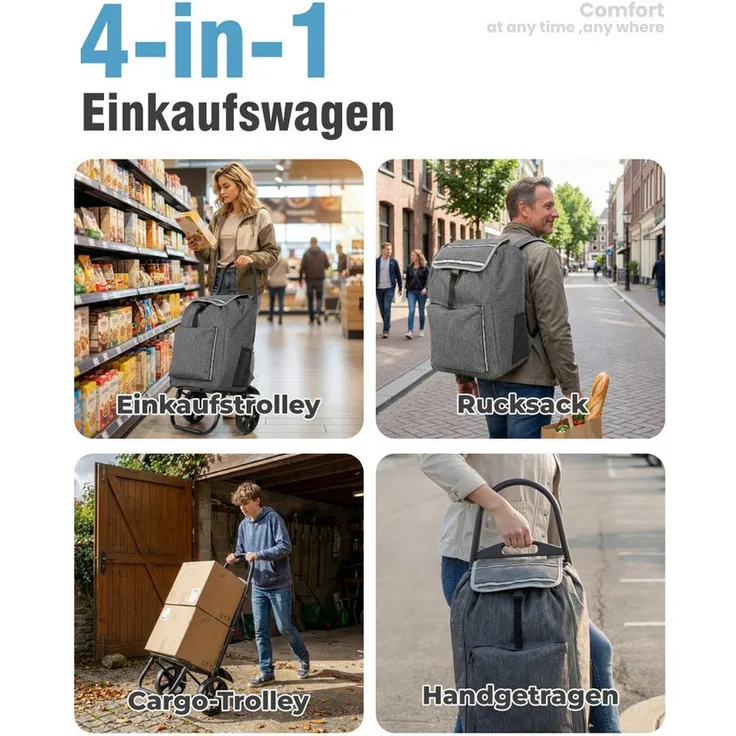 HOMECALL 4-in-1 Utility Trolley, klappbarer Einkaufstrolley mit Kühltasche (58L), Rucksack & Tragetasche in Schwarz