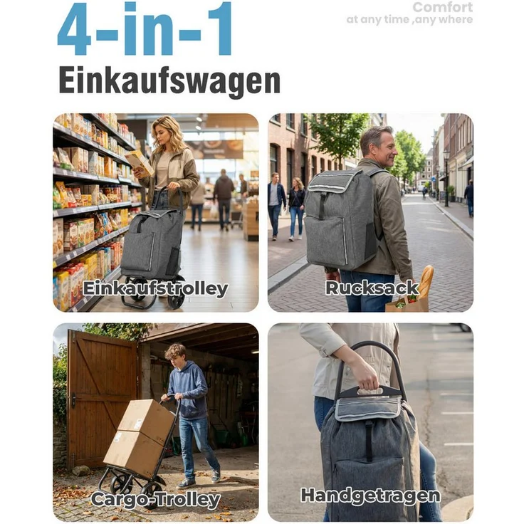 HOMECALL 4-in-1 Utility Trolley, klappbarer Einkaufstrolley mit Kühltasche (58L), Rucksack & Tragetasche in Schwarz