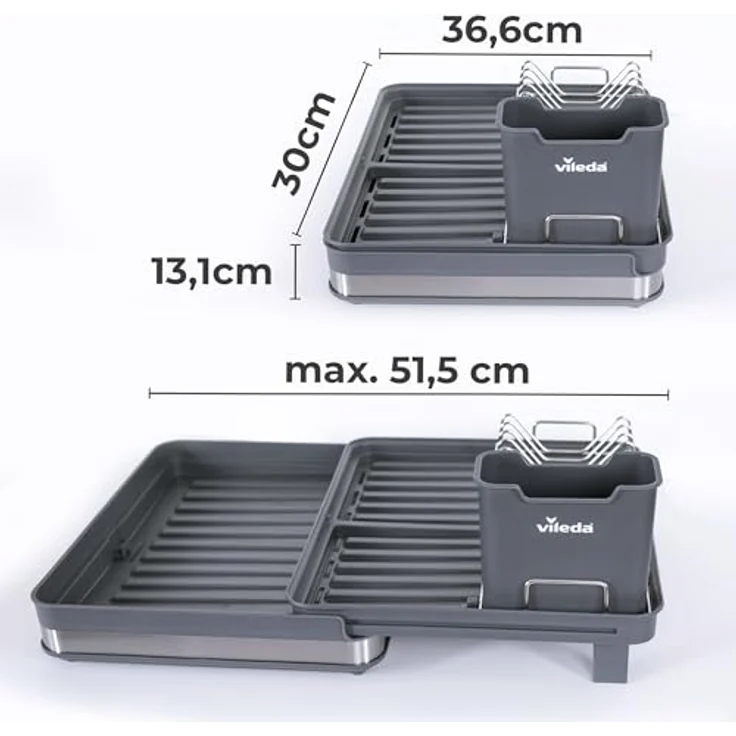 Vileda Abtropfgestell Geschirr - Platzsparendes Design mit Besteckhalter, ausziehbar, Rostfrei & Langlebig - Perfekt für Teller, Gläser & Besteck, Edelstahl/Kunststoff – Bild 2