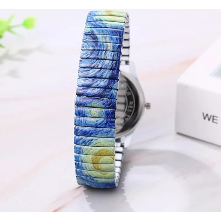 JewelryWe Damenuhr Boho, Van Gogh Sternenhimmel Analog Quarz Armbanduhr mit elastischem Edelstahl Stretch-Armband und großen Zahlen – Bild 3