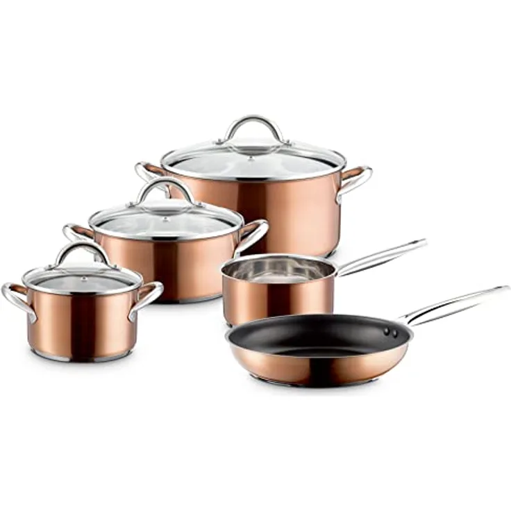 MÄSER Asterion Topfset in modernem kupferfarbenem Design, 4 Töpfe, 1 antihaftbeschichtete Pfanne und 3 Glasdeckel im Set, für alle Herdarten inkl. Induktion, Edelstahl, Glas, Kupfer