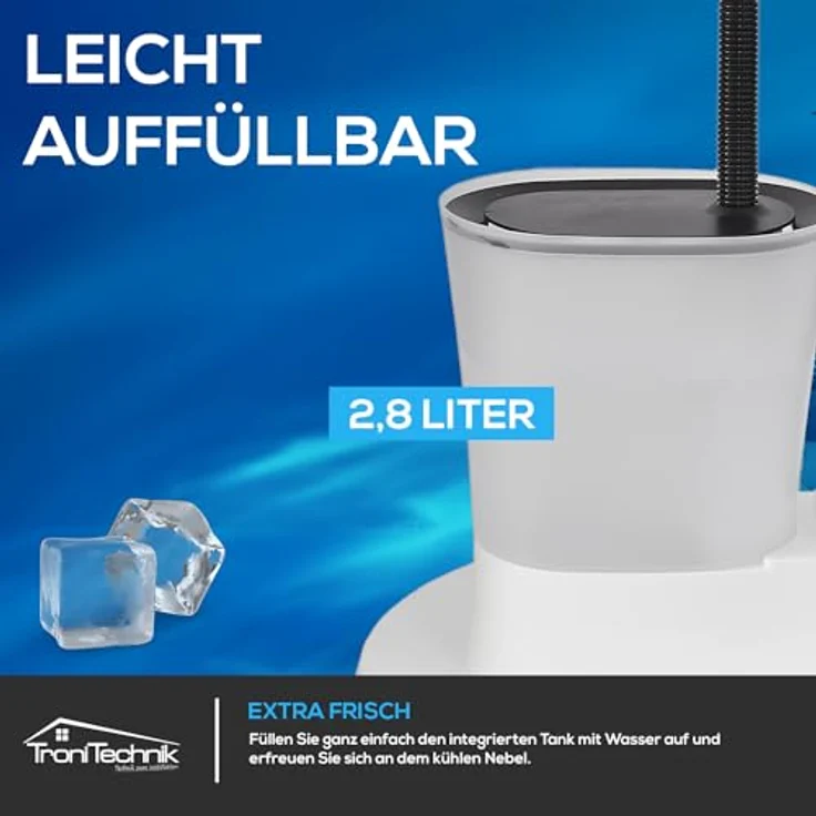 Tronitechnik® Standventilator mit Wasser, Ventilator mit Wasserkühlung Sprühnebel Raumbefeuchter, Fernbedienung, 75 Watt, Oszillierend, 3 Stufen, Timer, Schlafzimmer & Büro – Bild 5