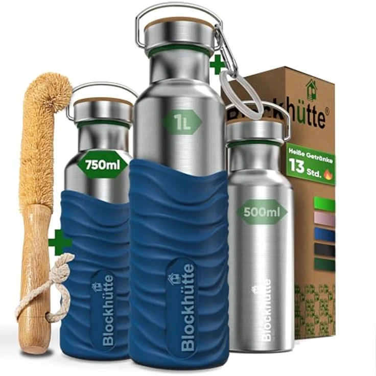 Blockhütte Edelstahl Trinkflasche 750ml, Isolierflasche für Kinder und Erwachsene, Kohlensäure geeignet, Auslaufsicher, BPA-Frei mit Silikonmantel, langlebig und spülmaschinengeeignet – Bild 1
